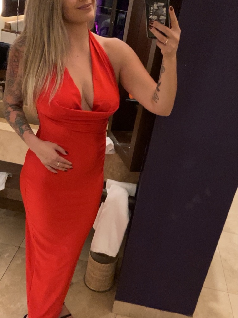 Sleek Red Halter Maxi Dress with Cowl Neck